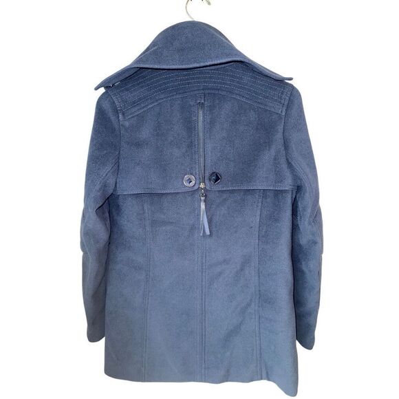 RUD By Rudsak Double Breasted Blue Pea Coat With Leather Trim Pockets - Picture 3 of 10